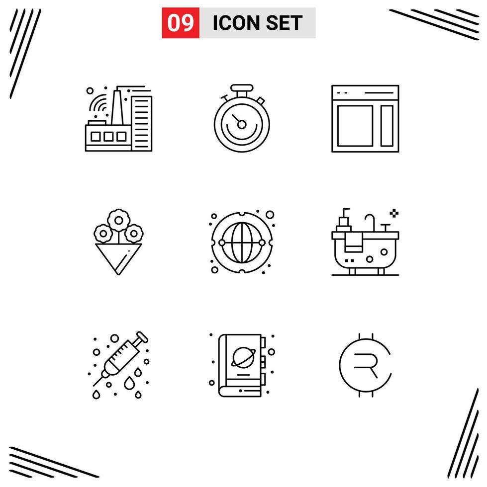 9 Thematic Vector Outlines and Editable Symbols of worldwide internet interface communication flower Editable Vector Design Elements