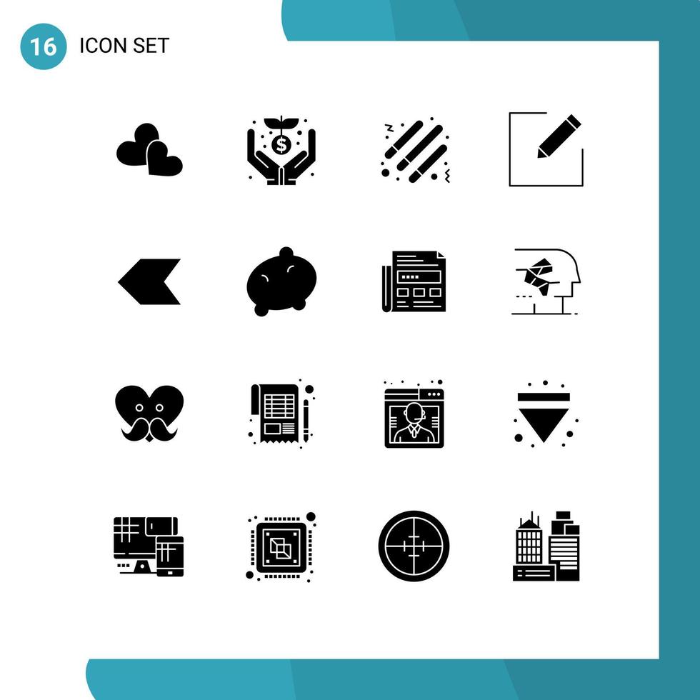 Set of 16 Commercial Solid Glyphs pack for left arrow drum write compose Editable Vector Design Elements