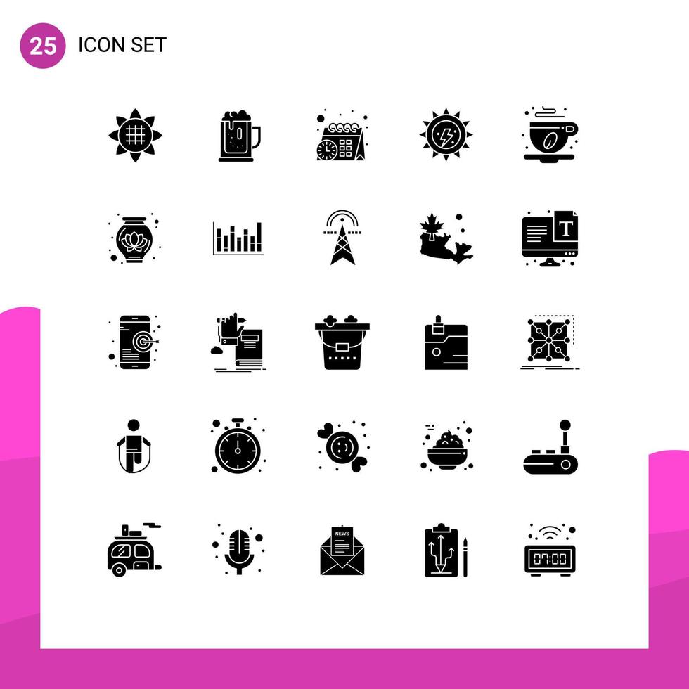 25 Universal Solid Glyphs Set for Web and Mobile Applications cafe sun jar electricity earth day Editable Vector Design Elements