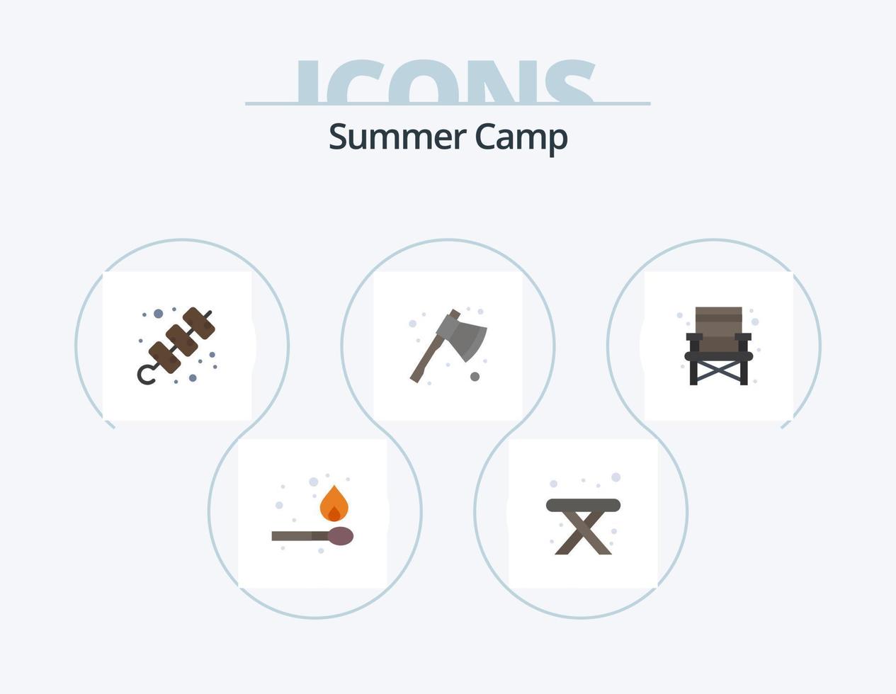 Campamento de verano paquete de iconos planos 5 diseño de iconos. . cámping. carne. silla. cámping vector