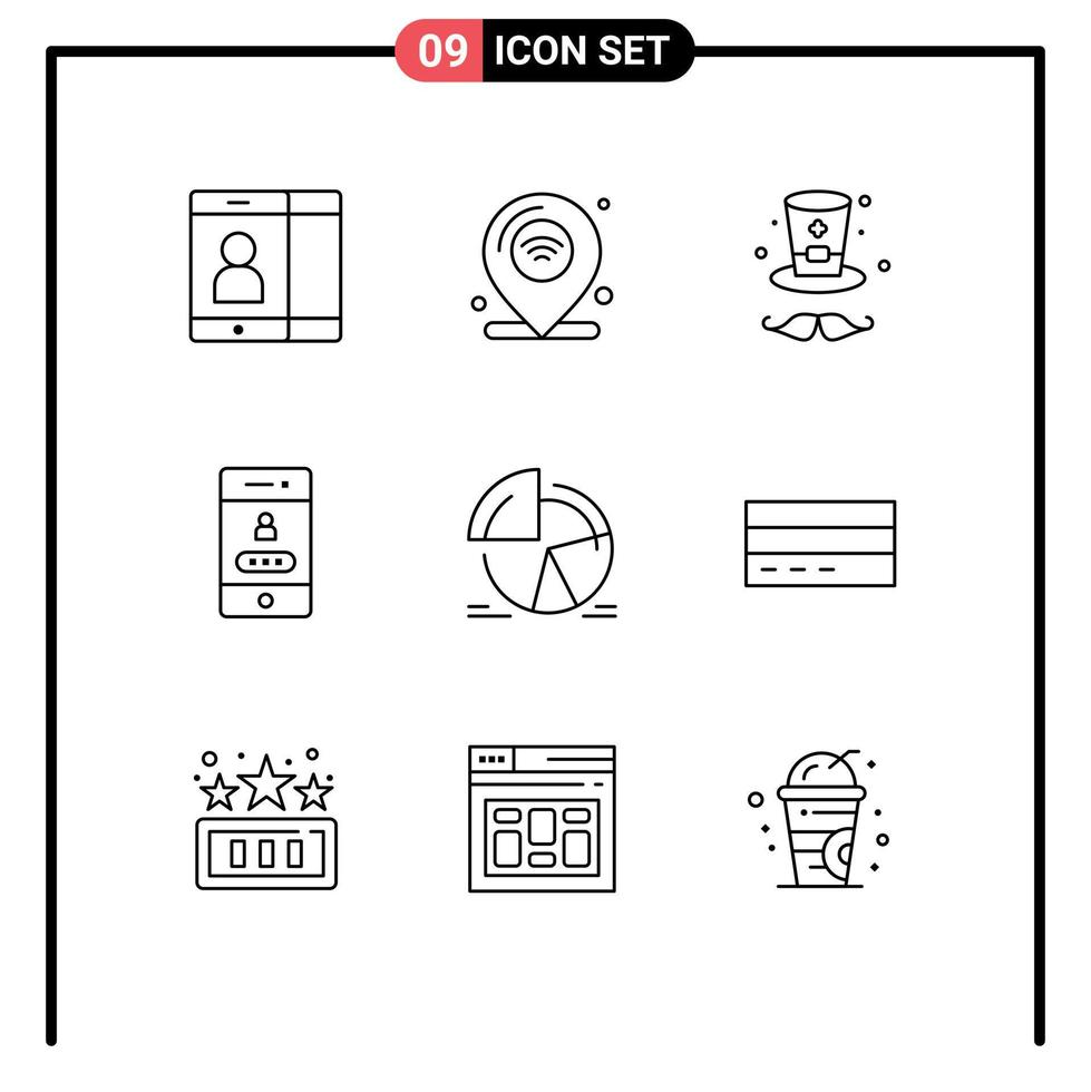 Stock Vector Icon Pack of 9 Line Signs and Symbols for statistics chart hat security lock Editable Vector Design Elements