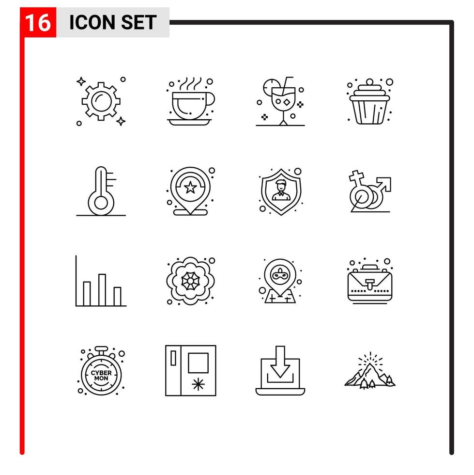 Set of 16 Modern UI Icons Symbols Signs for thermometer muffin cocktail cup cupcake Editable Vector Design Elements