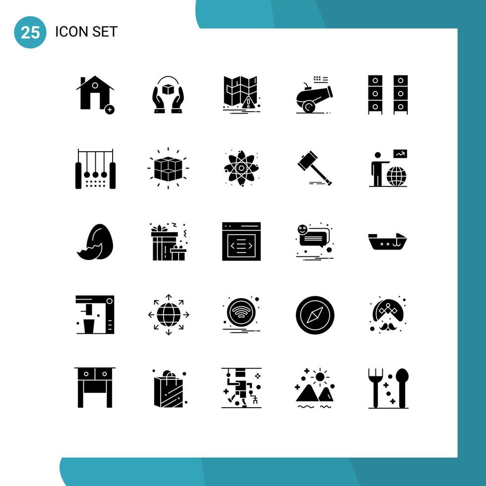 paquete de 25 signos y símbolos de glifos sólidos modernos para medios de impresión web, como elementos de diseño de vectores editables de notificación de cañón de producto de obús de dibujo