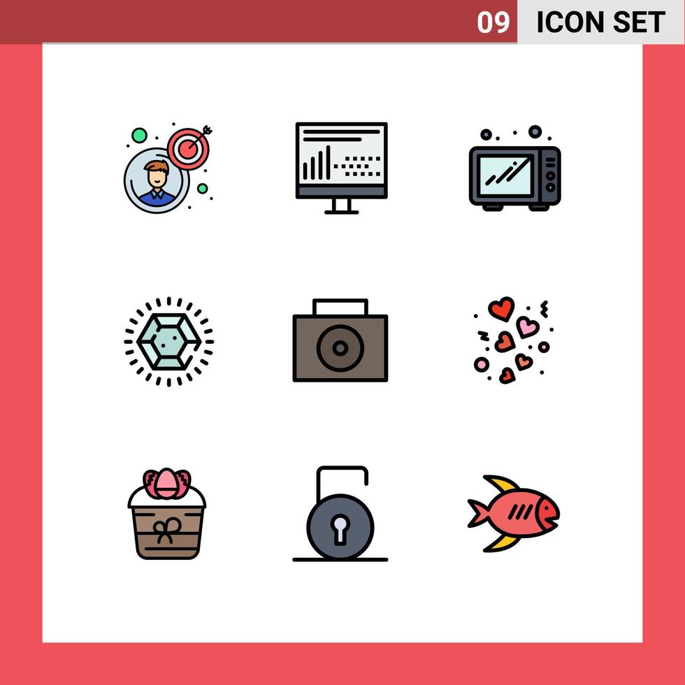 Pack of 9 Modern Filledline Flat Colors Signs and Symbols for Web Print Media such as suitcase wedding statistics ring diamond Editable Vector Design Elements