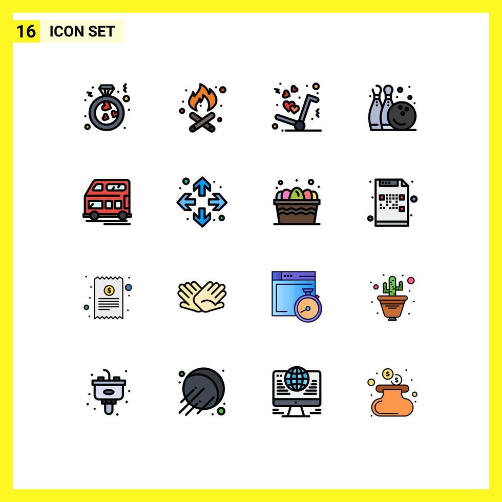 Flat Color Filled Line Pack of 16 Universal Symbols of transport bus get play fun Editable Creative Vector Design Elements
