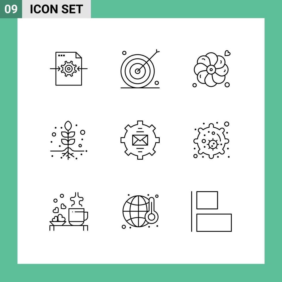 Pictogram Set of 9 Simple Outlines of email communication target roots plant Editable Vector Design Elements