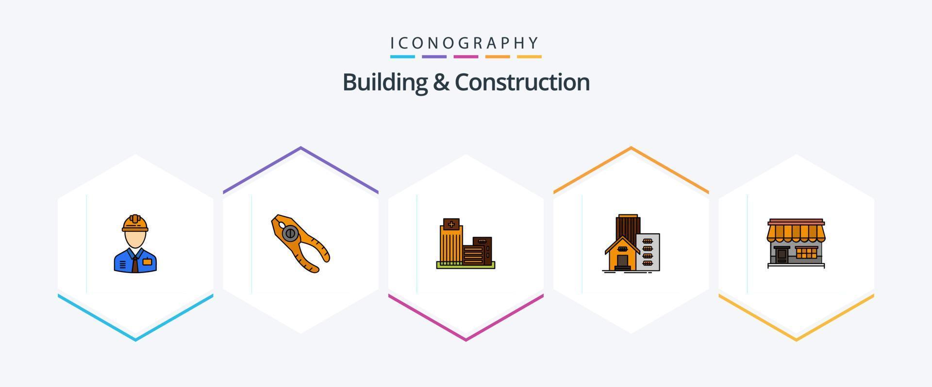 paquete de iconos de 25 líneas completas de construcción y construcción, incluido en línea. oficina. tenazas. apartamento bienes vector