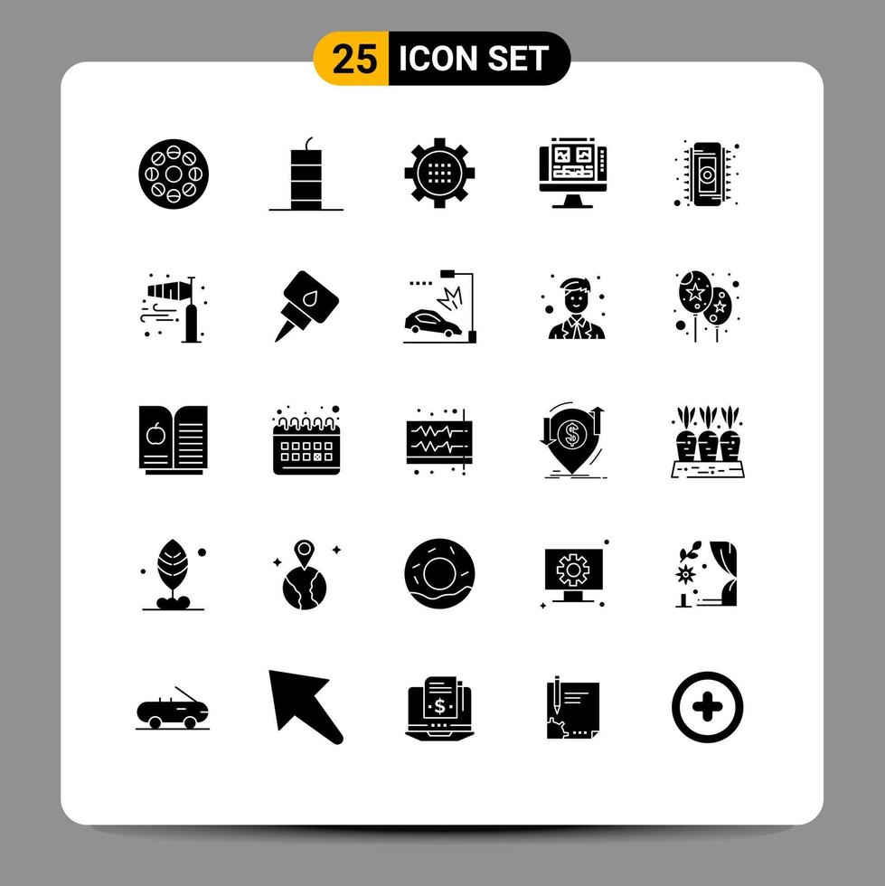 Set of 25 Vector Solid Glyphs on Grid for screen computer terrorism gallery options Editable Vector Design Elements