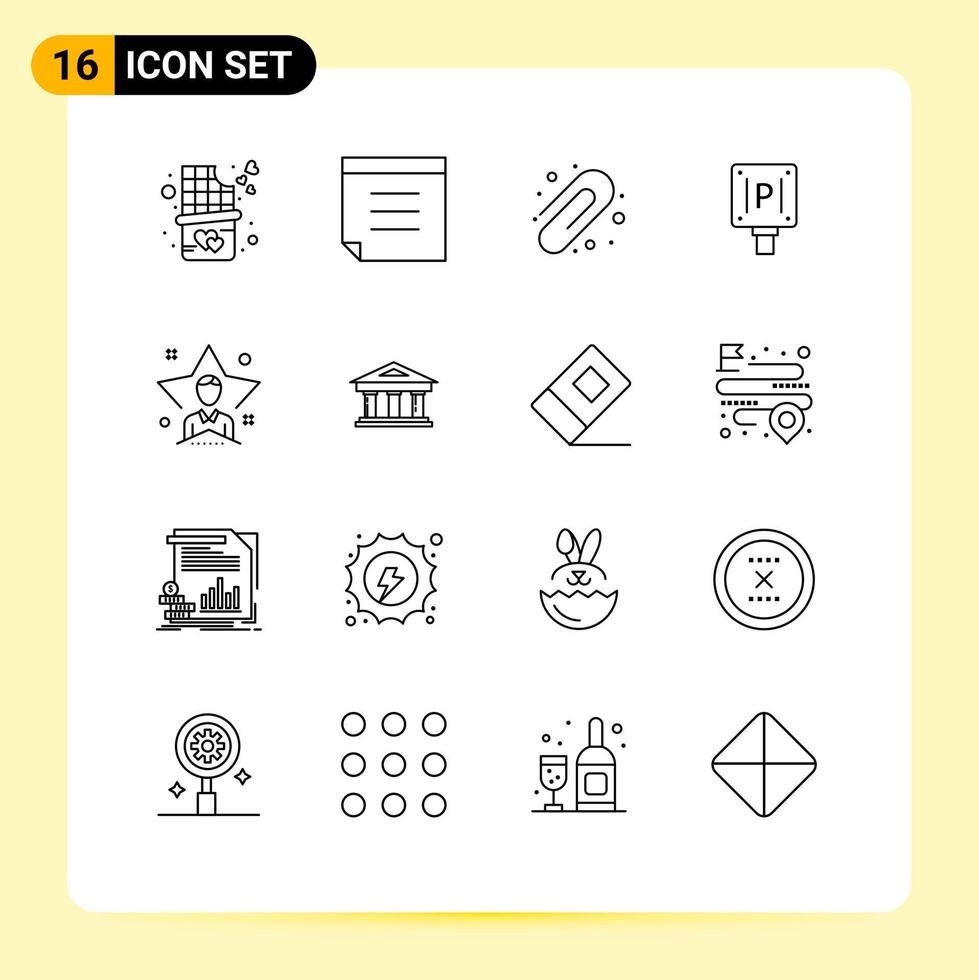 16 User Interface Outline Pack of modern Signs and Symbols of bank student parking user bright Editable Vector Design Elements