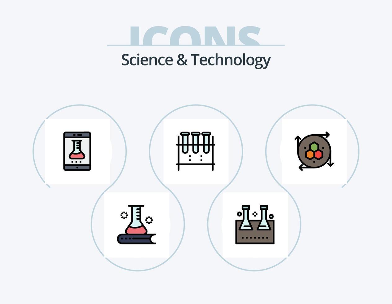 Science And Technology Line Filled Icon Pack 5 Icon Design. nuclear fission. chemical reaction. study of earth surface. alcoholic fermentation. work management vector