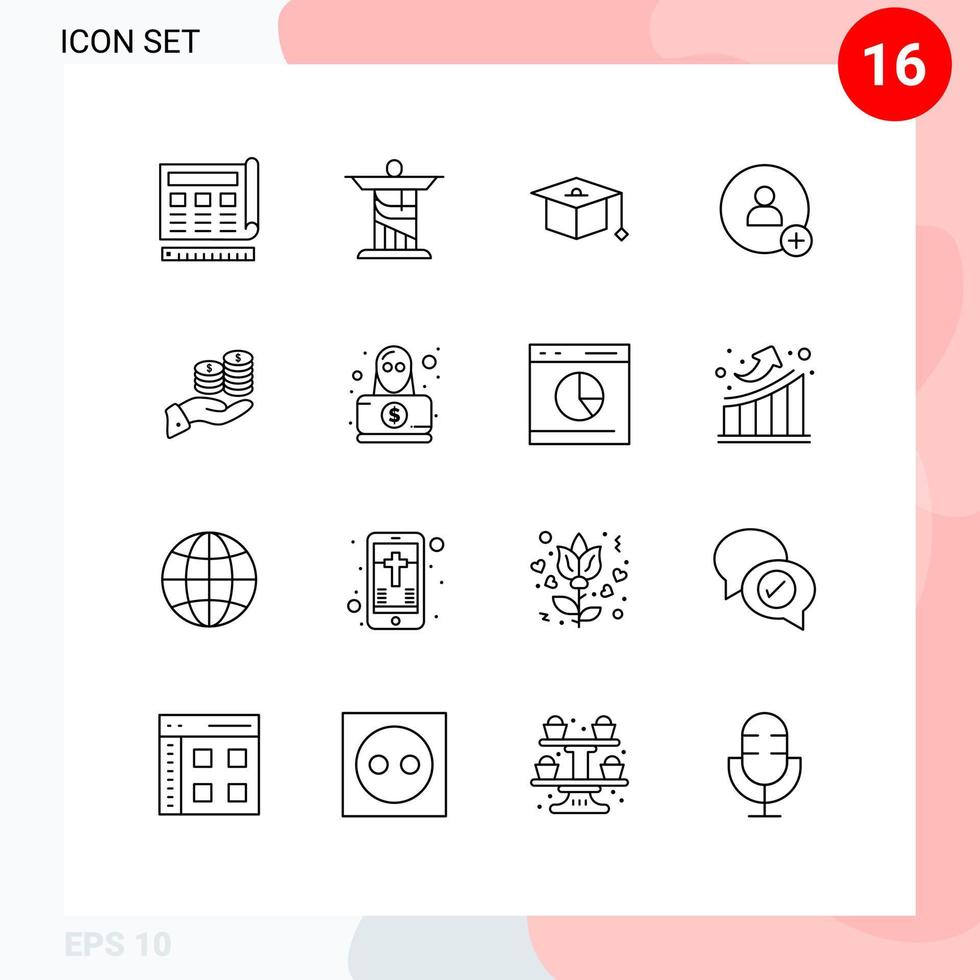 Set of 16 Modern UI Icons Symbols Signs for coin savings landmark twitter add Editable Vector Design Elements