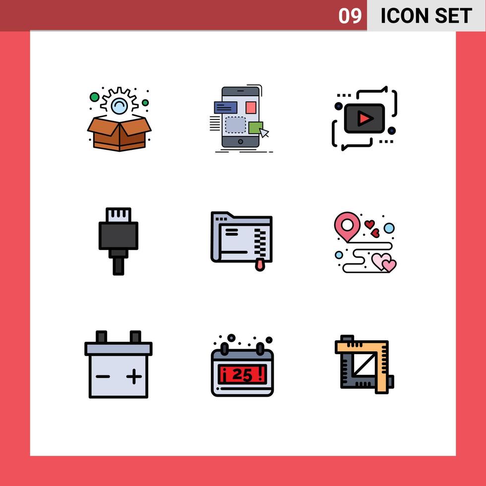 Pack of 9 Modern Filledline Flat Colors Signs and Symbols for Web Print Media such as folder electronic advertising devices play Editable Vector Design Elements