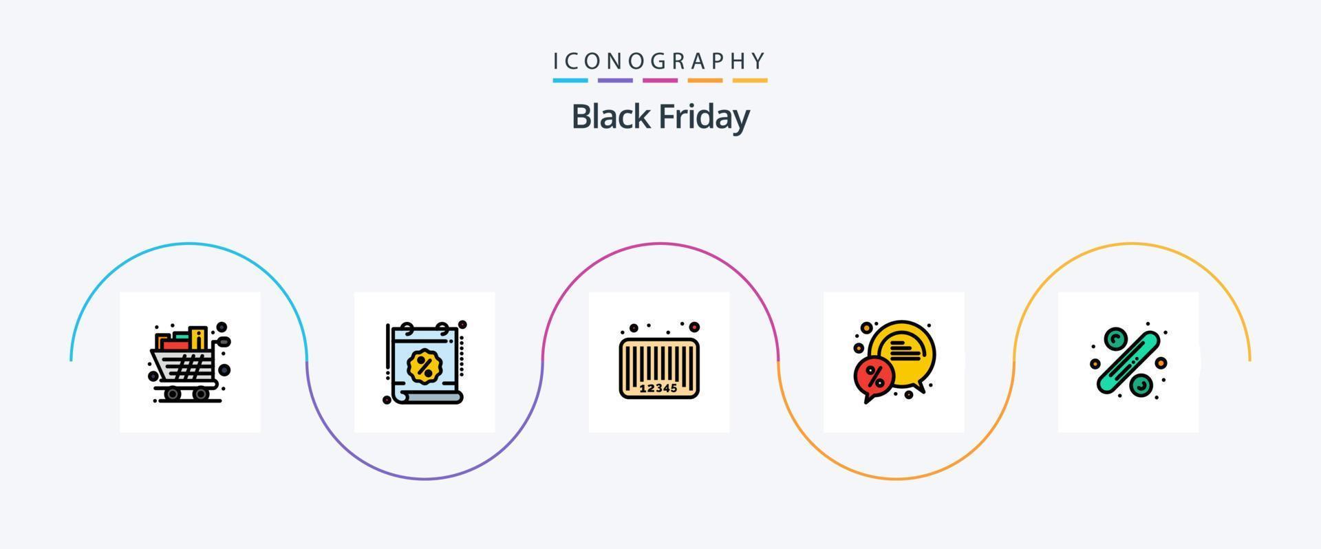 paquete de iconos de 5 planos llenos de línea de viernes negro que incluye descuento. burbuja. tiempo. código. código de barras vector