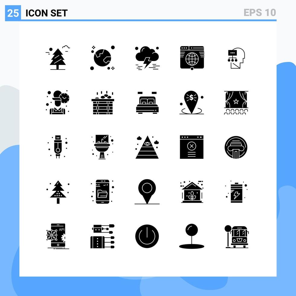 conjunto de pictogramas de 25 glifos sólidos simples del enlace del sitio web planet internet tormenta elementos de diseño vectorial editables vector