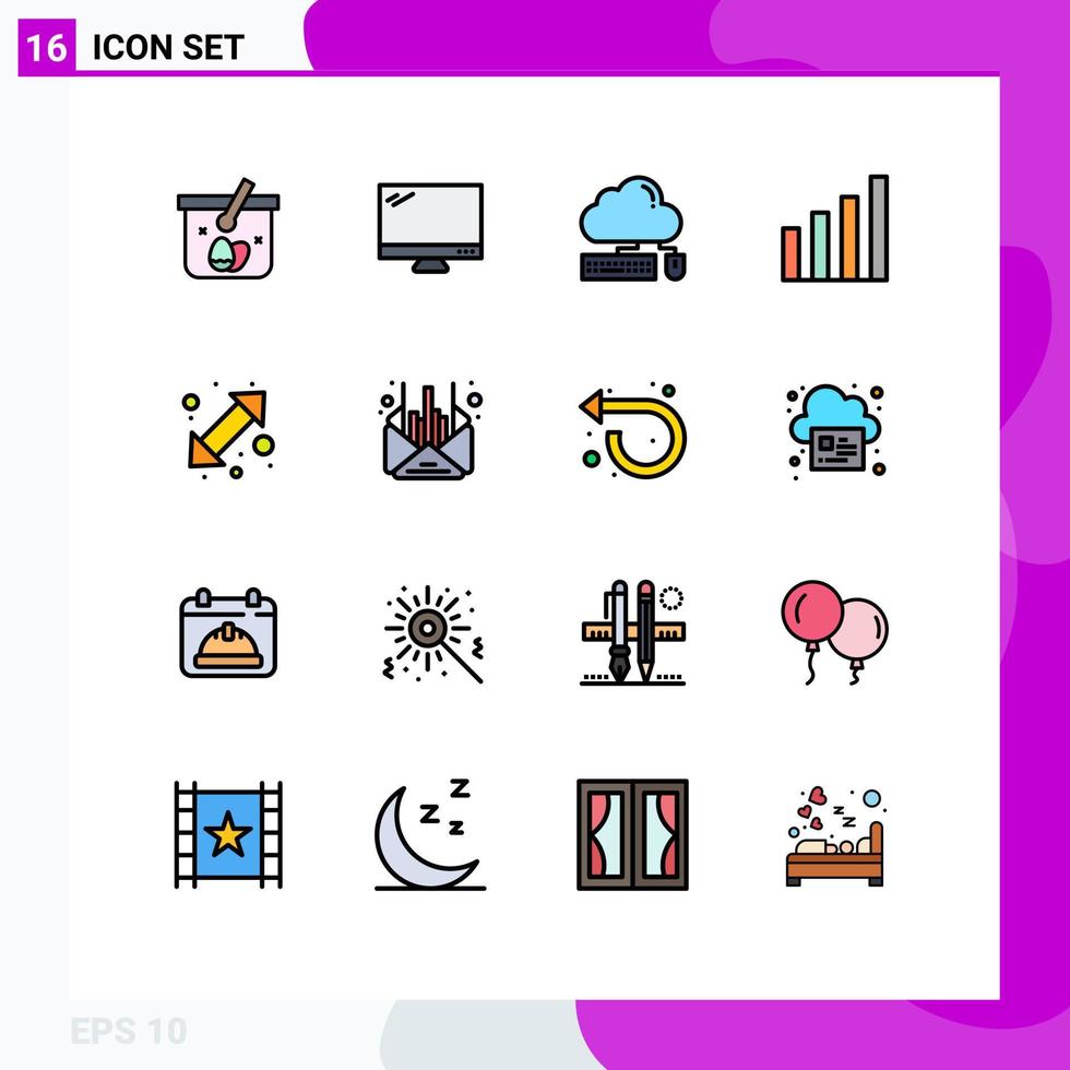 16 Thematic Vector Flat Color Filled Lines and Editable Symbols of user interface pc analytic cloud Editable Creative Vector Design Elements