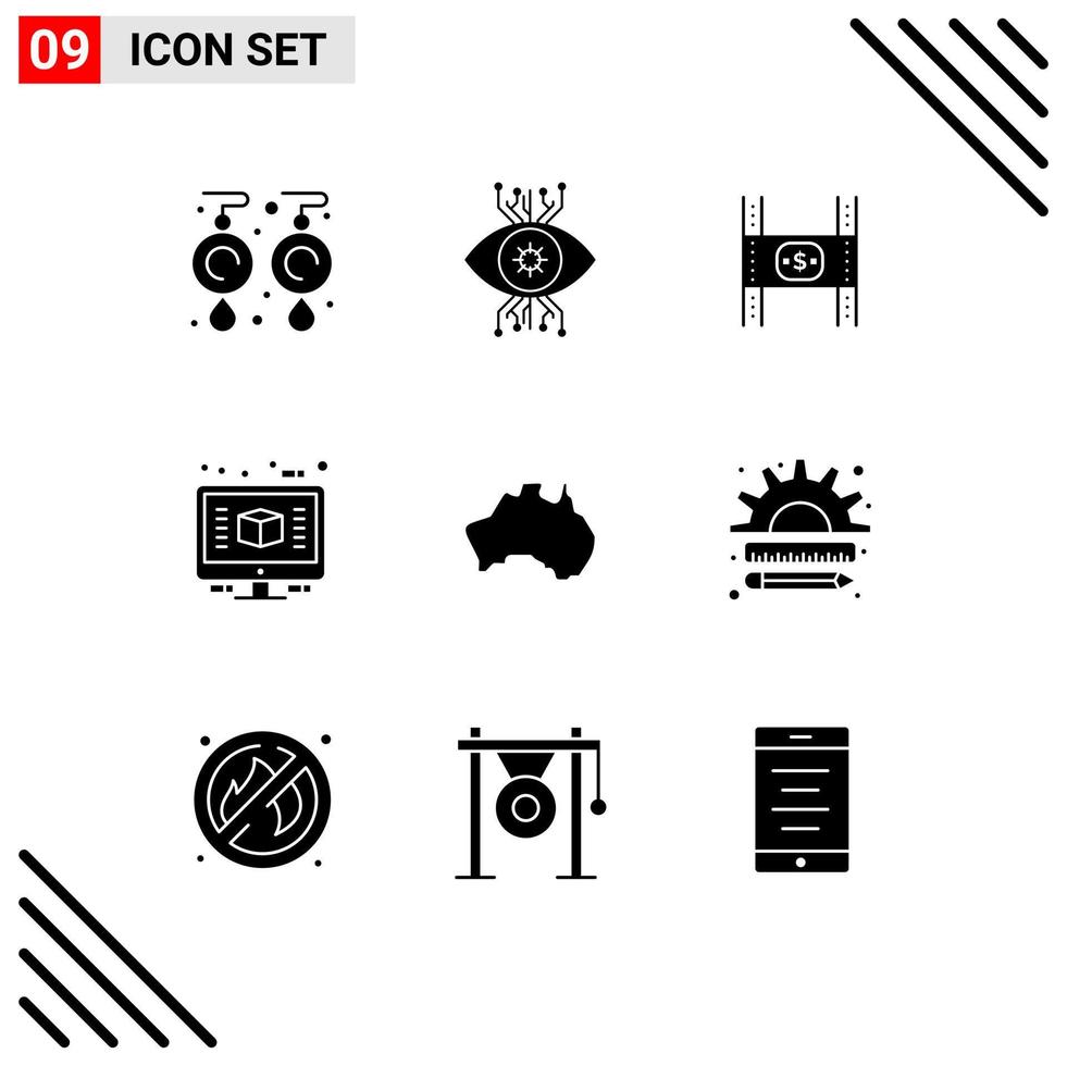 User Interface Pack of 9 Basic Solid Glyphs of render computer eye architecture money Editable Vector Design Elements