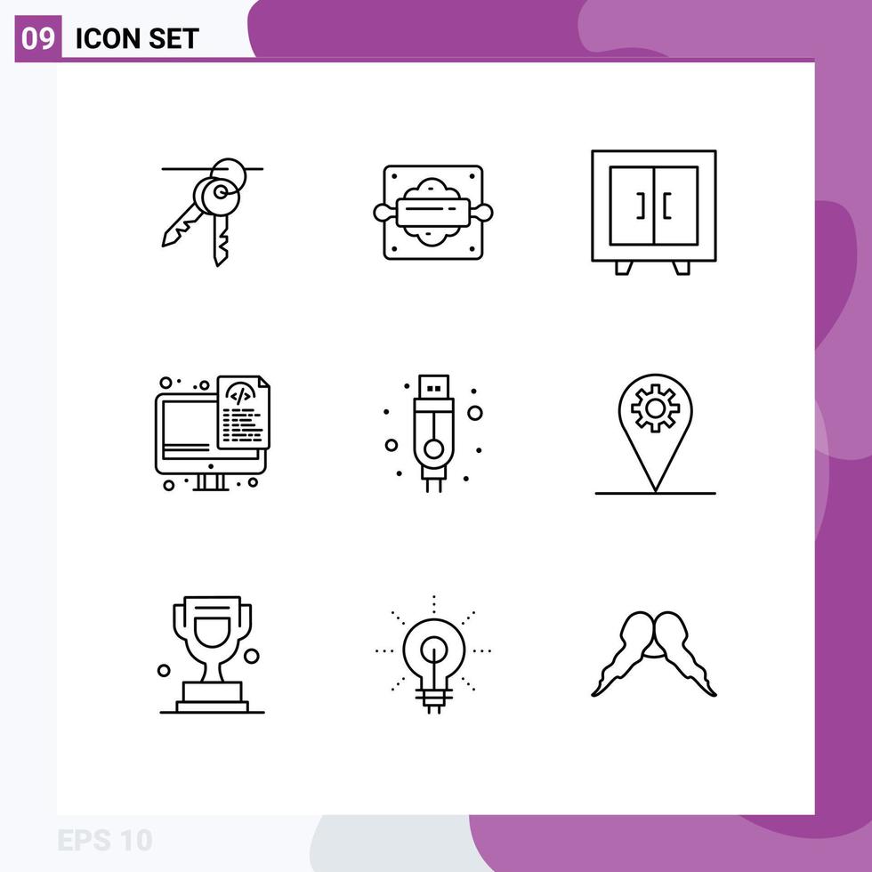 Pack of 9 Modern Outlines Signs and Symbols for Web Print Media such as cable files cupboard programming coding Editable Vector Design Elements