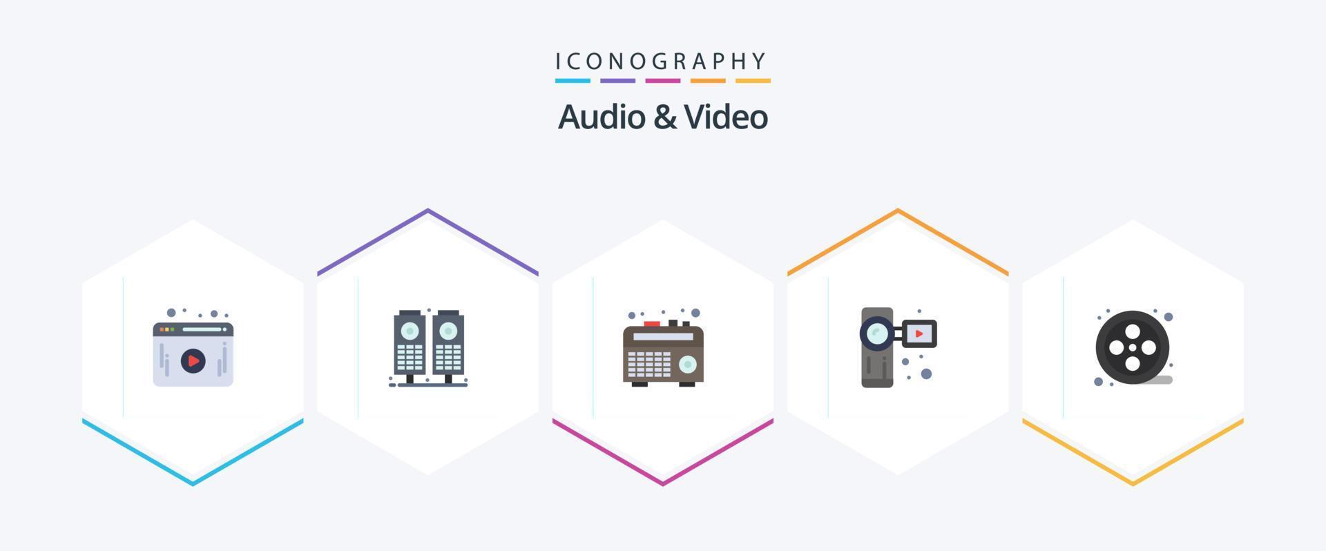 Paquete de 25 iconos planos de audio y video que incluye . carrete. grabadora. carrete de película camara de video vector