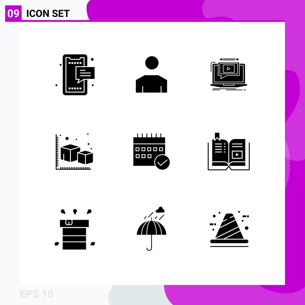 9 símbolos de signos de glifo sólido universal del tutorial de flecha de perfil de cubo de objeto elementos de diseño vectorial editables vector