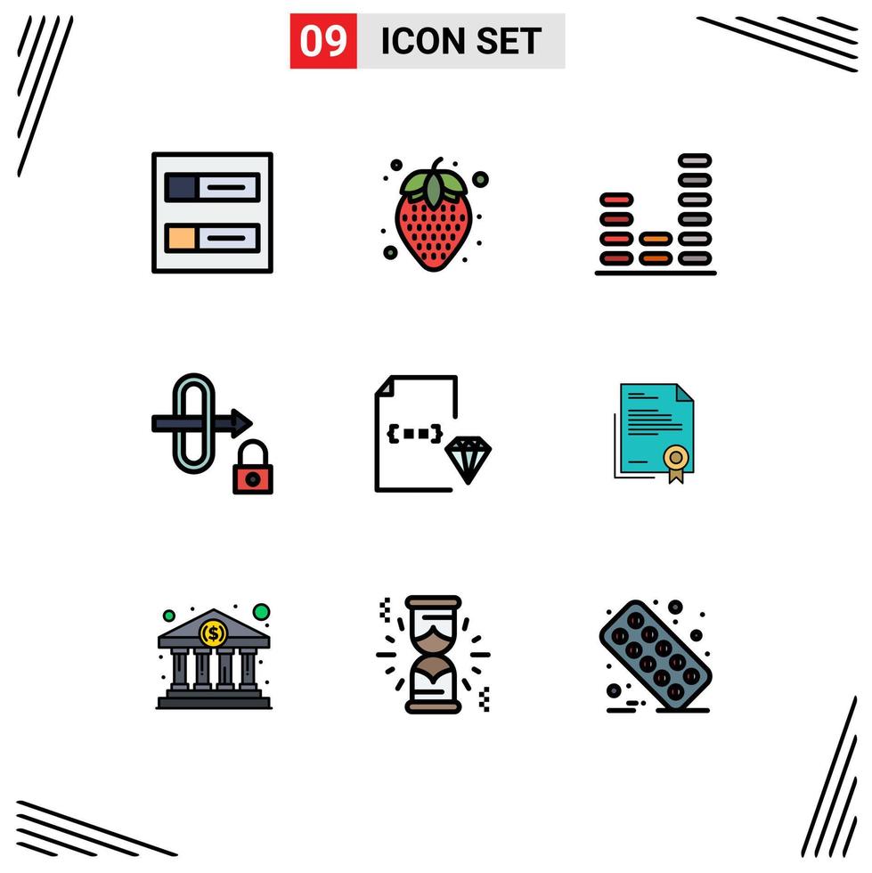 Mobile Interface Filledline Flat Color Set of 9 Pictograms of file development music develop security Editable Vector Design Elements