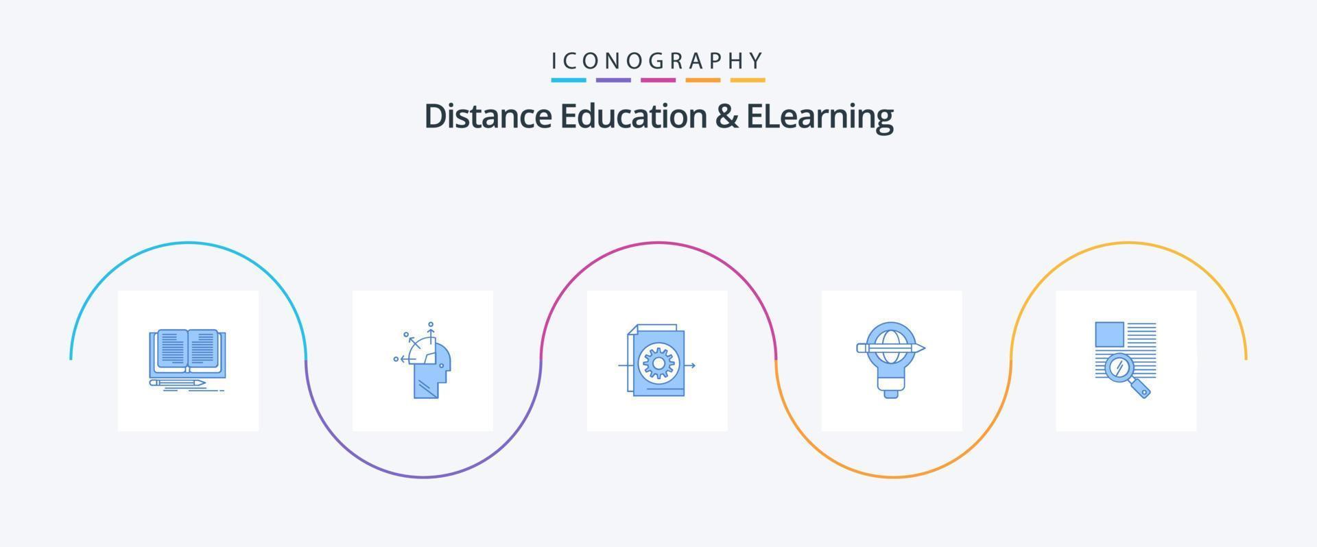 paquete de iconos azul 5 de educación a distancia y aprendizaje electrónico que incluye línea. bulbo. documento. globo. éxito vector