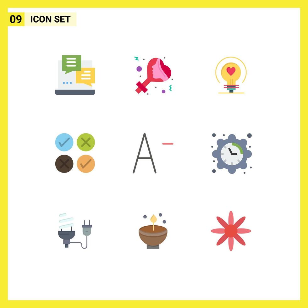 Universal Icon Symbols Group of 9 Modern Flat Colors of font tick bulb design creative Editable Vector Design Elements