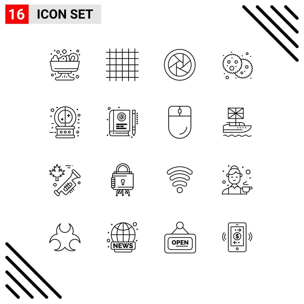 Set of 16 Vector Outlines on Grid for magic future camera eye crystal ball holi Editable Vector Design Elements