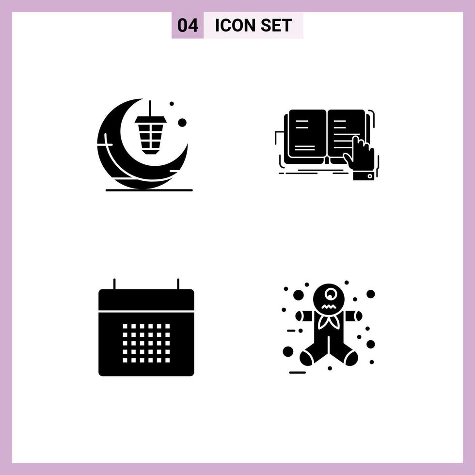 4 Thematic Vector Solid Glyphs and Editable Symbols of lantern reading moon lesson calendar Editable Vector Design Elements