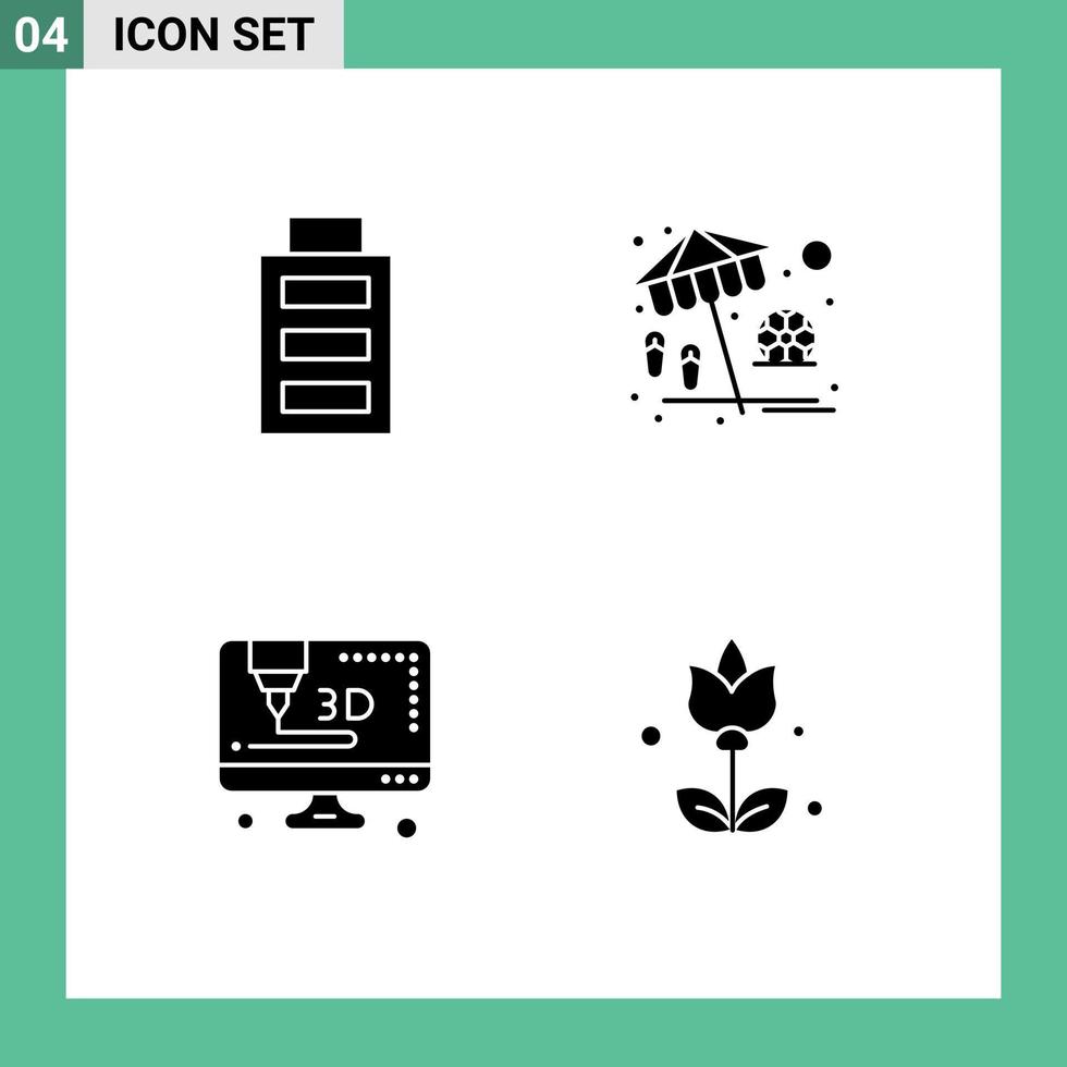 User Interface Pack of 4 Basic Solid Glyphs of battery bouquet beach play present Editable Vector Design Elements