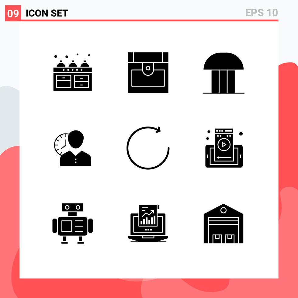 9 Thematic Vector Solid Glyphs and Editable Symbols of time personal court man clock Editable Vector Design Elements