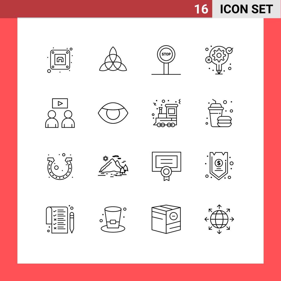 Pictogram Set of 16 Simple Outlines of face video journey watch process Editable Vector Design Elements