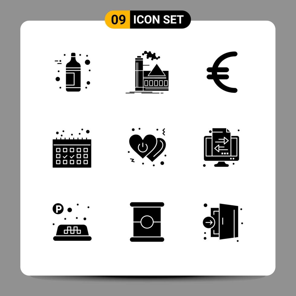 paquete de 9 signos y símbolos de glifos sólidos modernos para medios de impresión web, como el amor de poder, la moneda, las fechas del corazón, los elementos de diseño de vectores editables