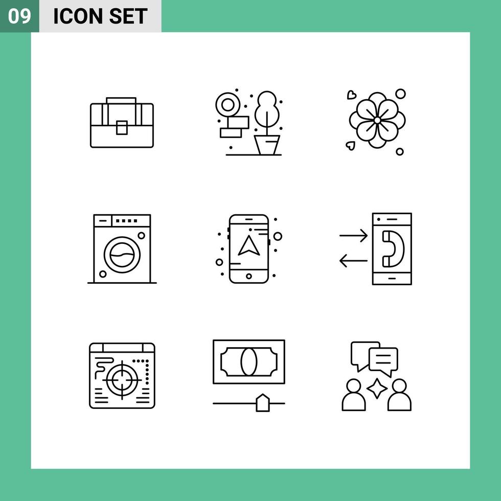 Group of 9 Outlines Signs and Symbols for call mobile nature map machine Editable Vector Design Elements