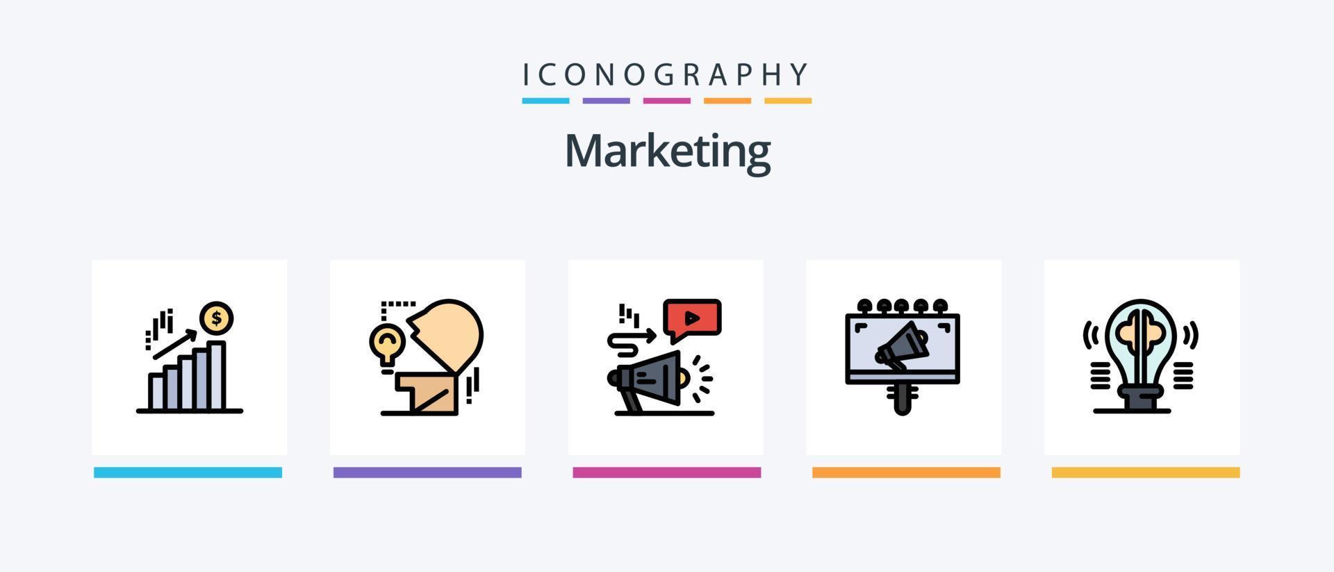 la línea de marketing llenó el paquete de 5 íconos que incluye seo. carro. anuncio. marketing. monitor. diseño de iconos creativos vector