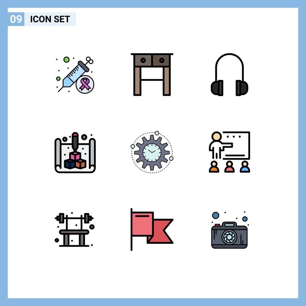 Pack of 9 Modern Filledline Flat Colors Signs and Symbols for Web Print Media such as productivity management headset efficiency print Editable Vector Design Elements