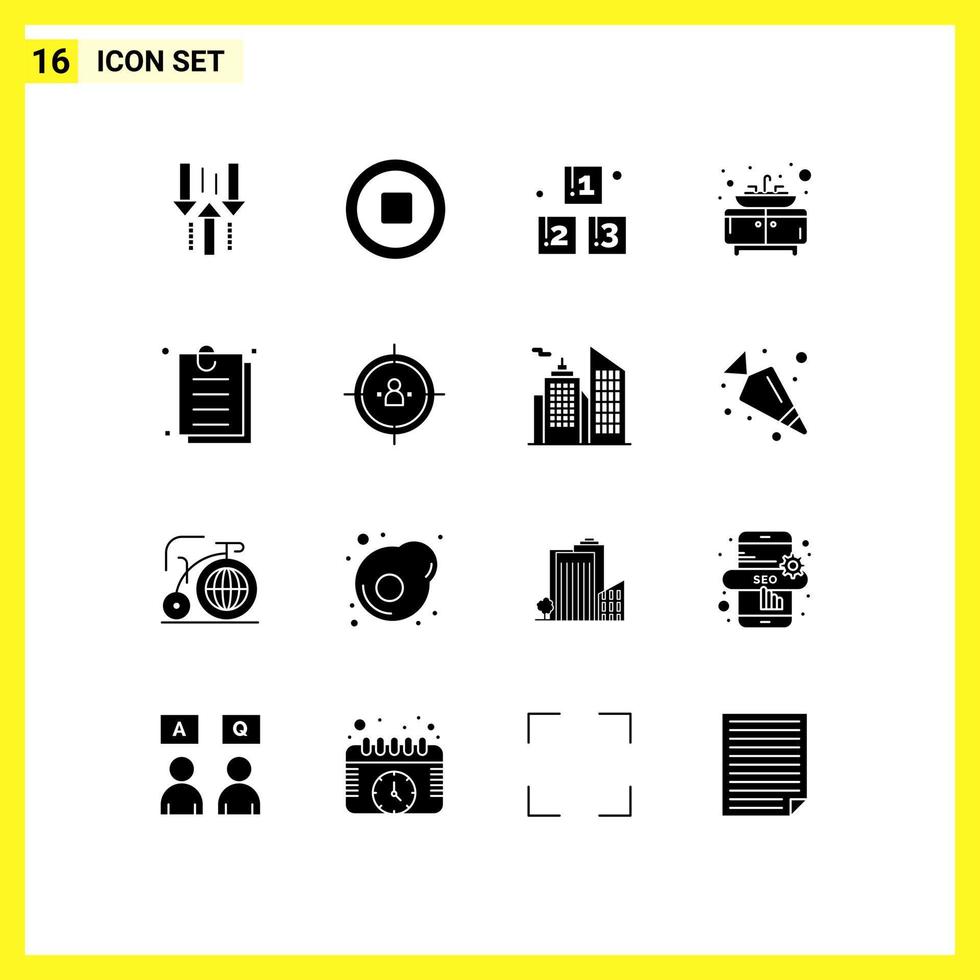 Set of 16 Modern UI Icons Symbols Signs for paper contract abc sink bathroom Editable Vector Design Elements