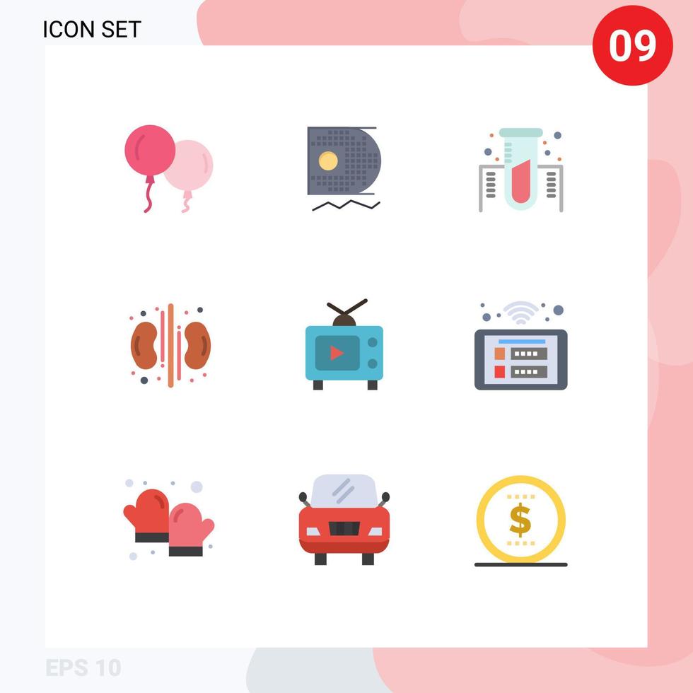 User Interface Pack of 9 Basic Flat Colors of play tv experiment medical health Editable Vector Design Elements