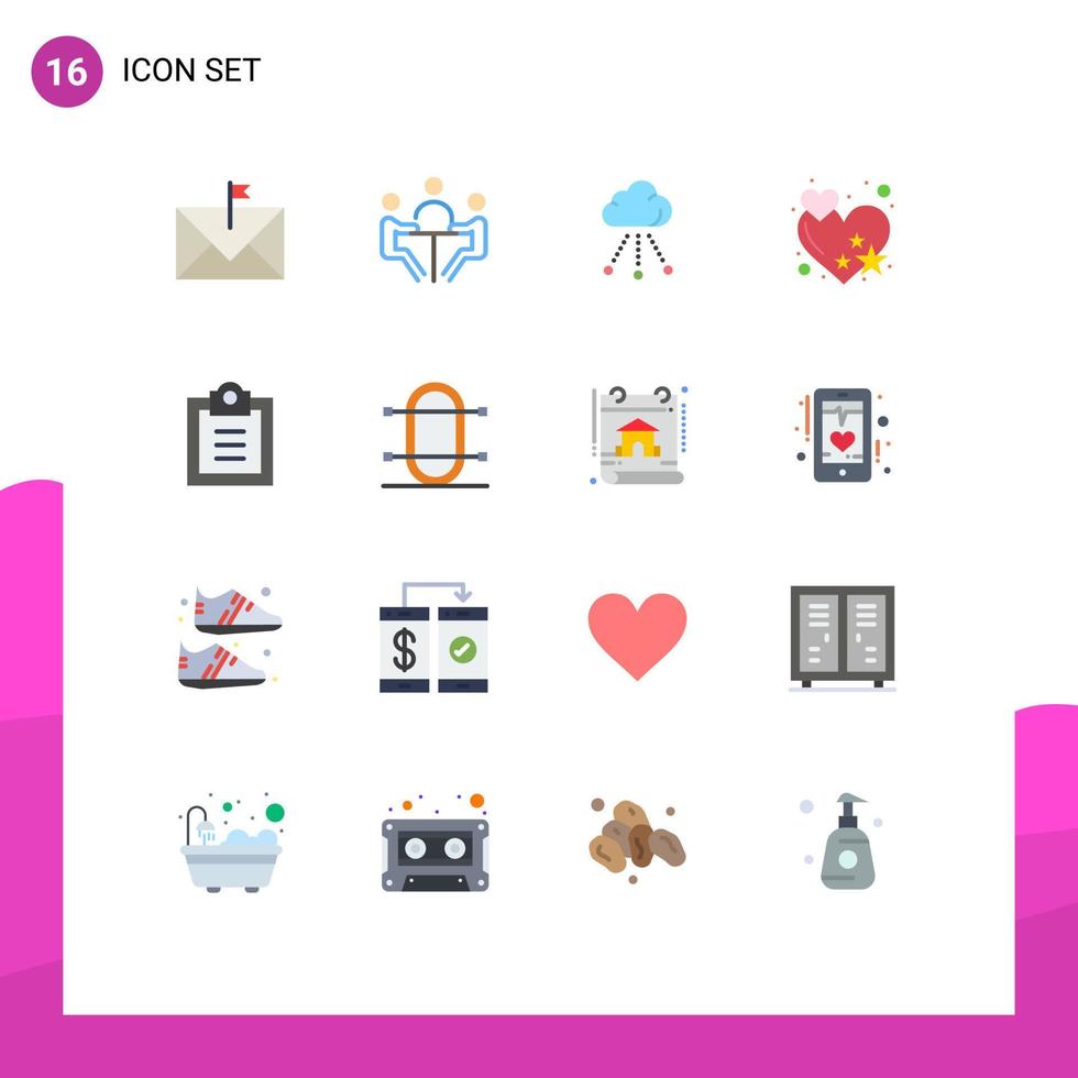 conjunto moderno de 16 colores planos y símbolos, como lista de verificación, discusión de tasas, almacenamiento de amor, paquete editable de elementos de diseño de vectores creativos