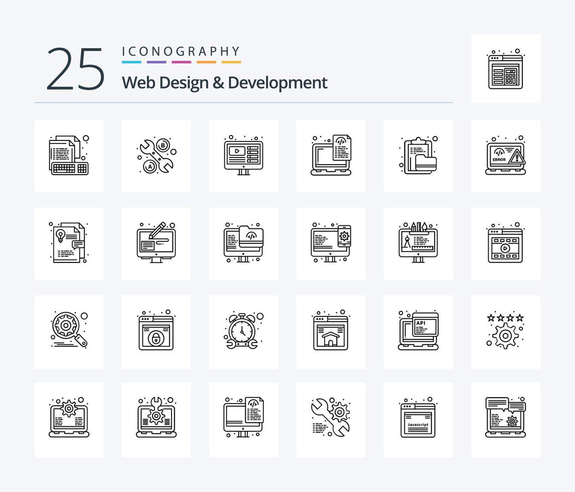 Web Design And Development 25 Line icon pack including archive. laptop. design. files. device vector