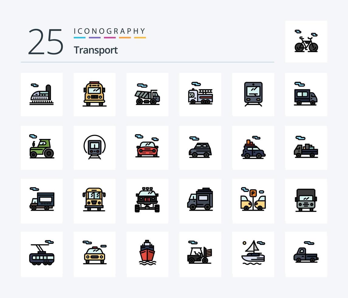 paquete de iconos llenos de 25 líneas de transporte, incluido el tractor. camión. transporte. transporte. viajar vector