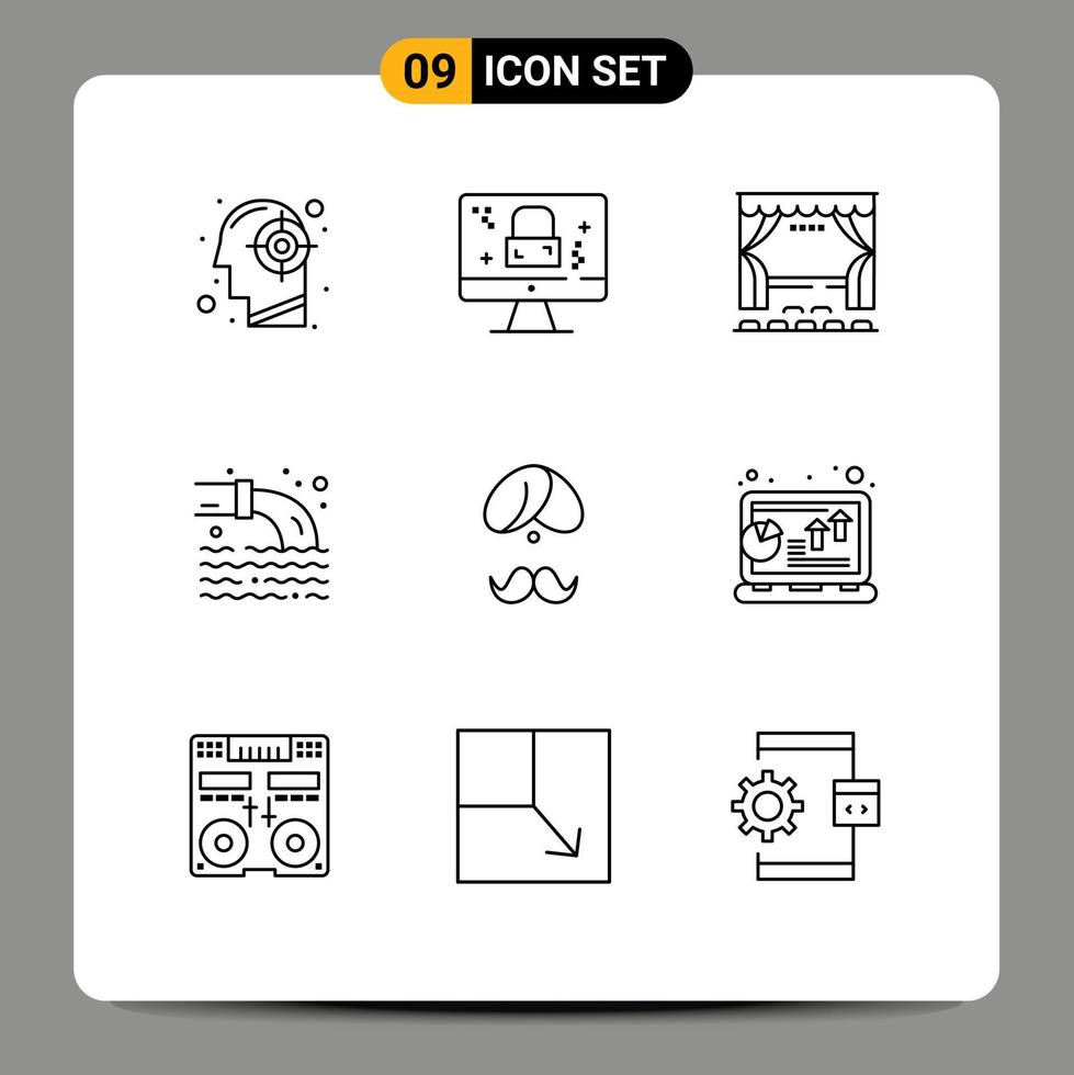 9 Universal Outline Signs Symbols of sewage pollution lock pipe movie Editable Vector Design Elements