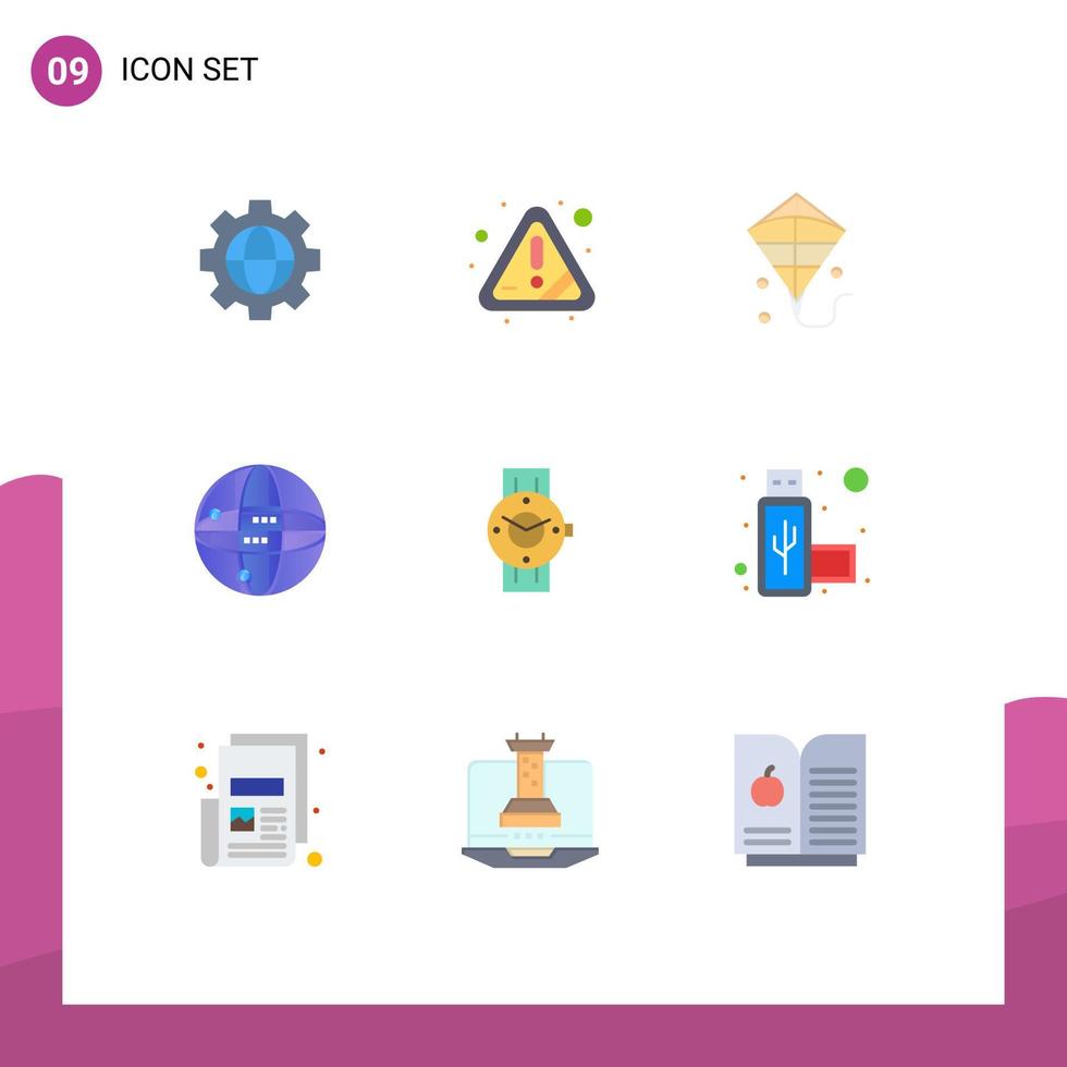 paquete de 9 signos y símbolos de colores planos modernos para medios de impresión web, como el reloj inteligente del teléfono, el reloj volador, la informática, los elementos de diseño de vectores editables