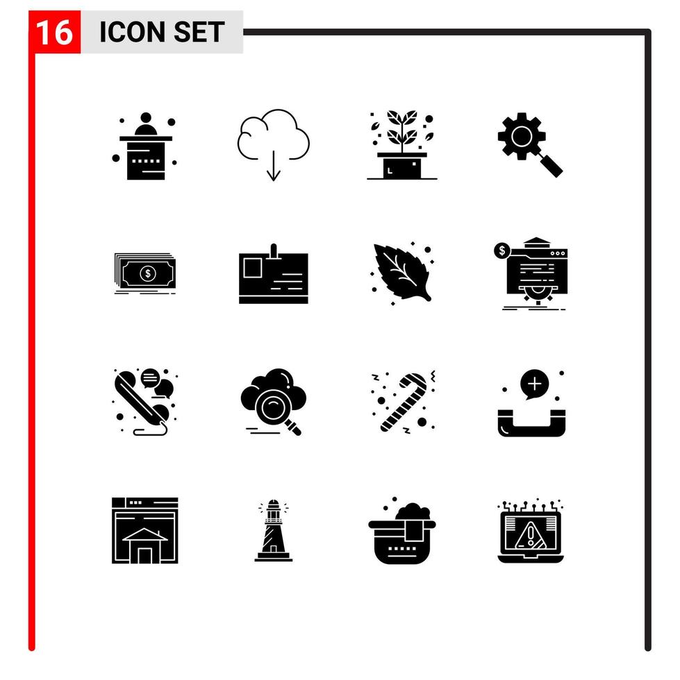 Solid Glyph Pack of 16 Universal Symbols of transfer money leaf setting research Editable Vector Design Elements