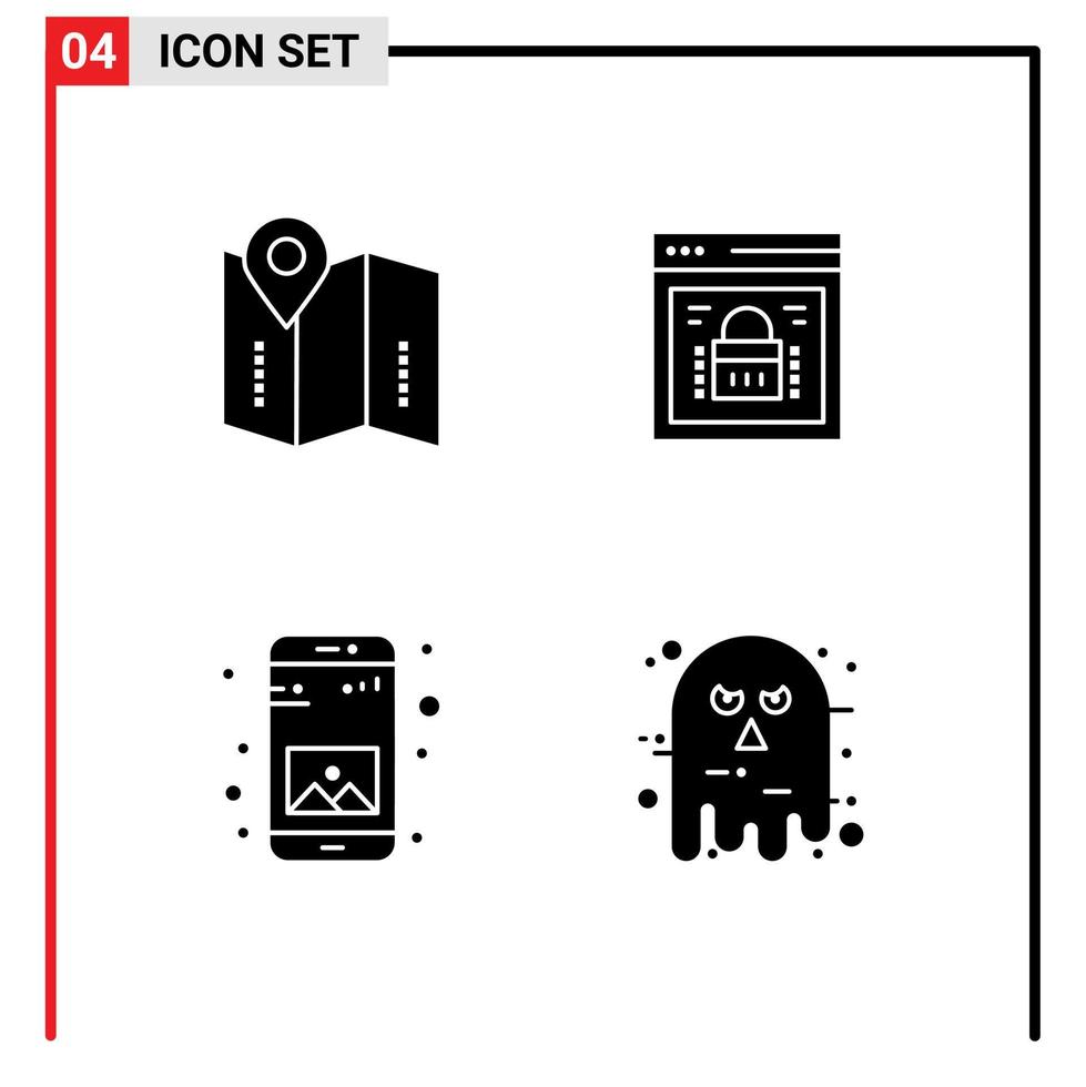 grupo de 4 glifos sólidos modernos establecidos para la ubicación de la aplicación de mapa galería de navegador protegida elementos de diseño vectorial editables vector