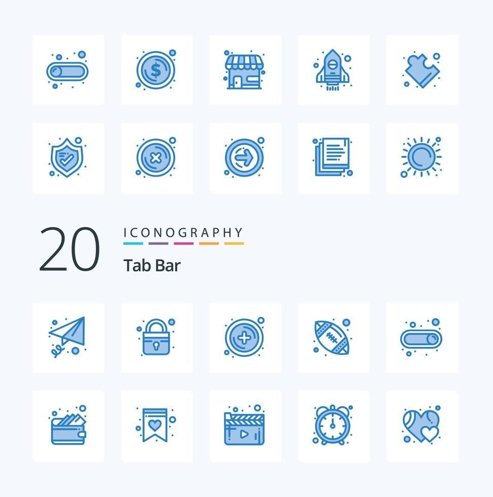 20 Tab Bar Blue Color icon Pack like wallet cash plus toggle on vector