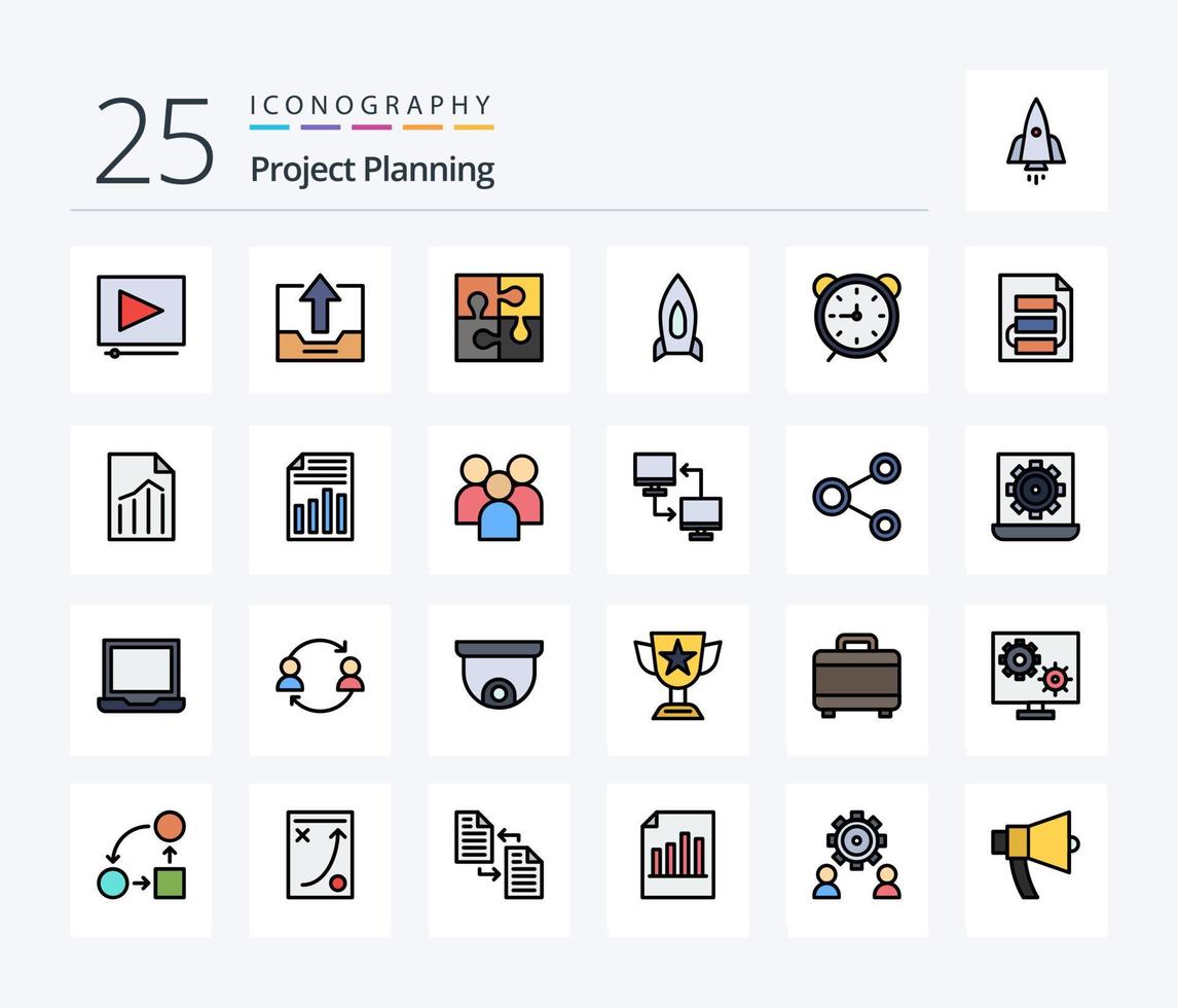 Project Planing 25 Line Filled icon pack including travel. speedup. part. spaceship. teamwork vector
