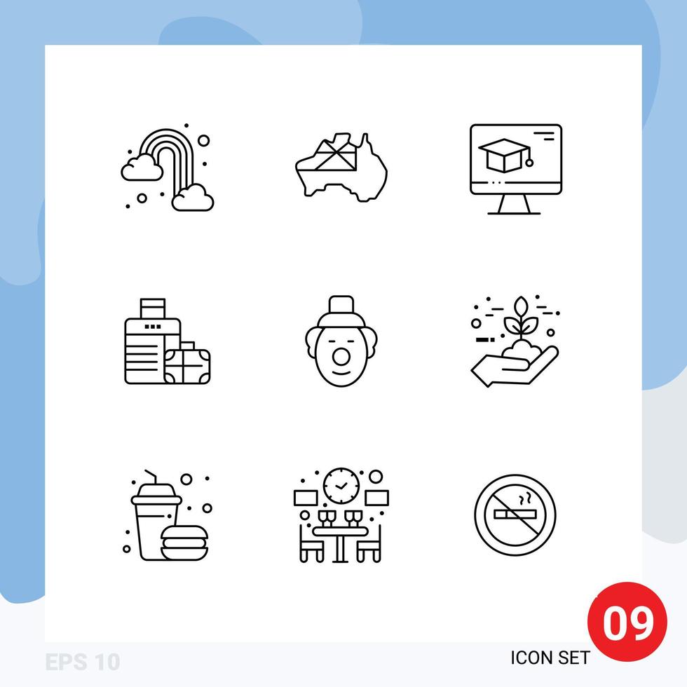 9 Universal Outlines Set for Web and Mobile Applications clown hotel computer handbag luggage Editable Vector Design Elements