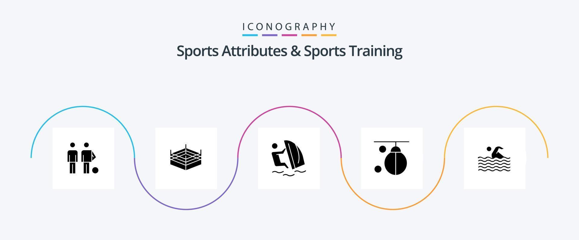 Atributos deportivos y paquete de iconos de glifo 5 de entrenamiento deportivo, incluido el entrenamiento. boxeo. tablista. Boxer. deporte vector