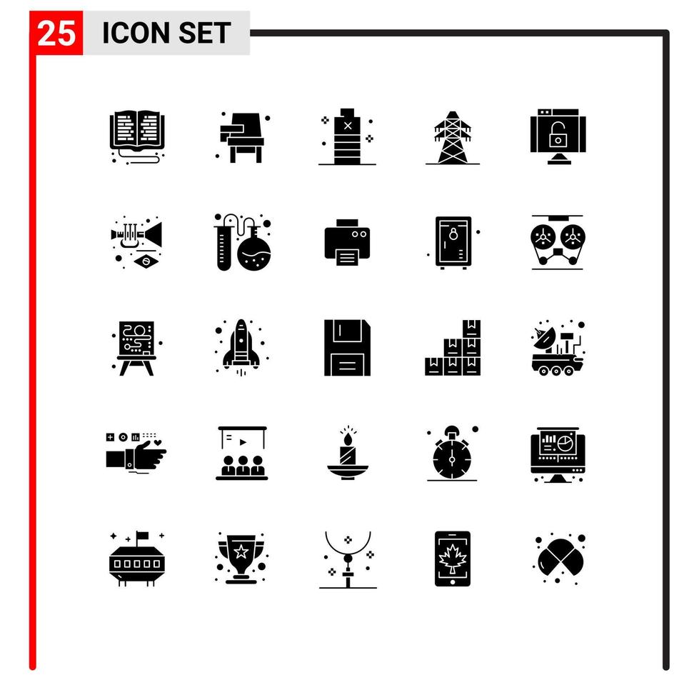 Pack of 25 creative Solid Glyphs of transmission electrical learning power essential Editable Vector Design Elements