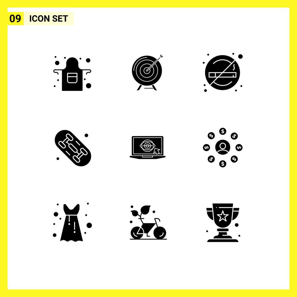 Pack of 9 Modern Solid Glyphs Signs and Symbols for Web Print Media such as laptop board mission skate smoking Editable Vector Design Elements